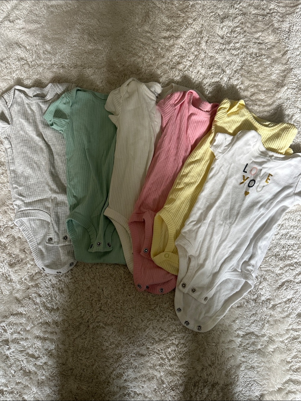 Carters 6M Neutral & Pastel Ribbed Baby One-Piece Bodysuits - 6 Pack
